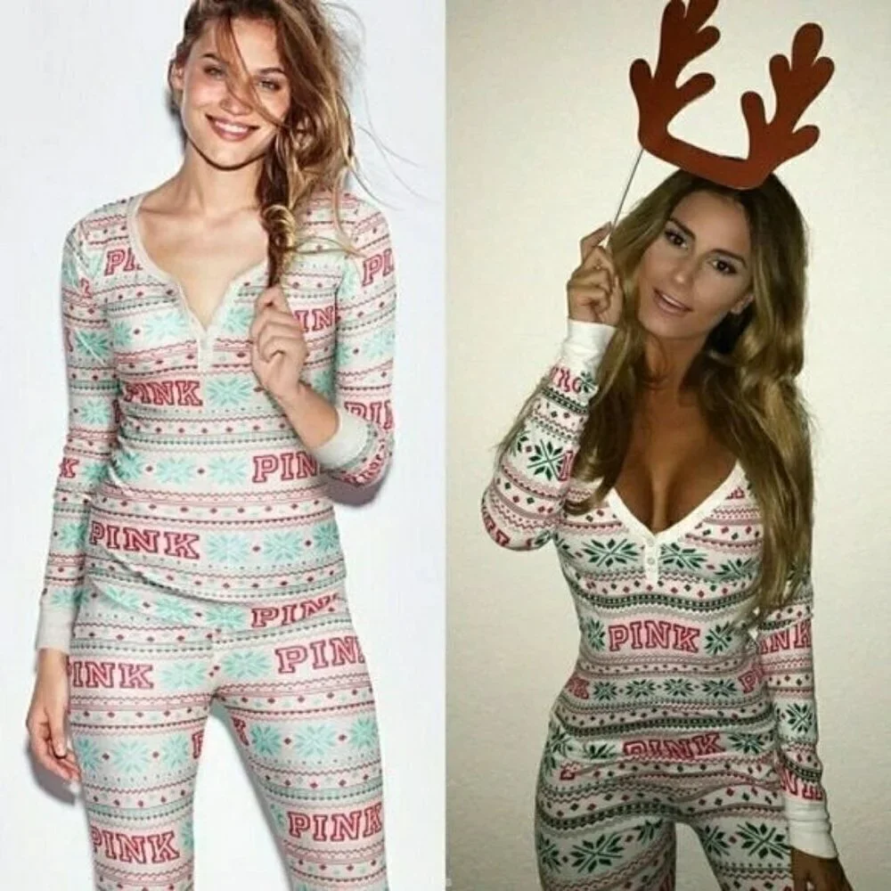 Pink Victoria's Secret Christmas onesie pajamas size L